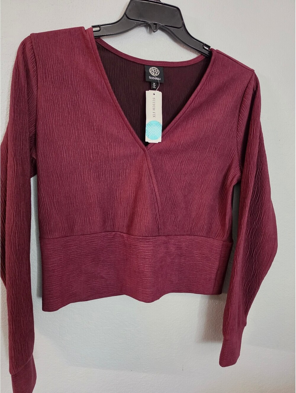 bobeau Deep Wine Wrap-Style Long Sleeve Top